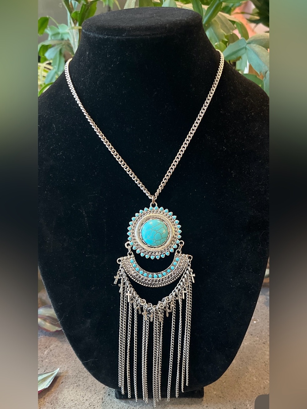 Silver-Tone Turquoise Medallion Fringe Necklace - Women Jewelry